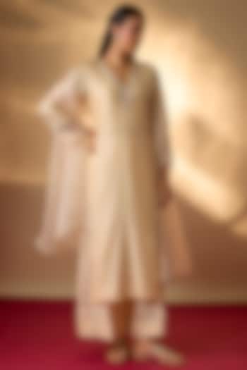 Beige Handwoven Chanderi Zardosi Embroidered Kurta Set by The Aarya at Pernia's Pop Up Shop