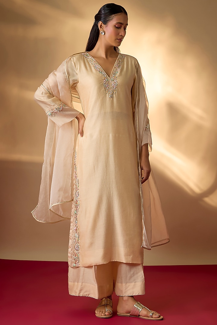 Beige Handwoven Chanderi Zardosi Embroidered Kurta Set by The Aarya at Pernia's Pop Up Shop