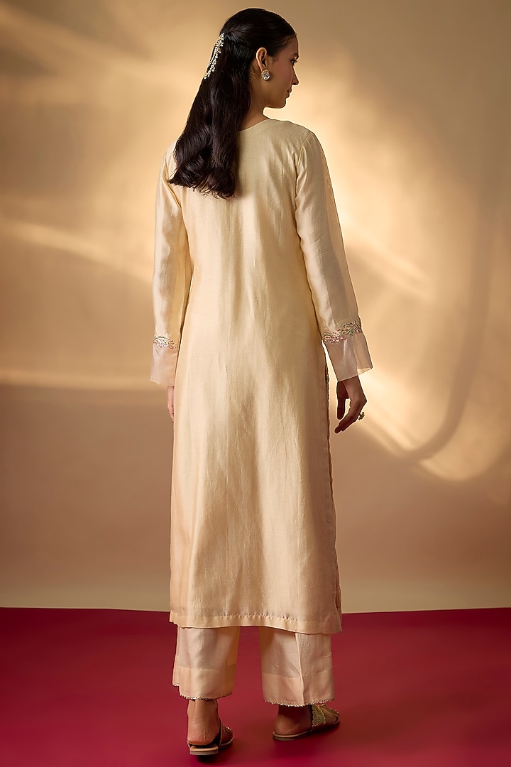 Beige Handwoven Chanderi Zardosi Embroidered Kurta Set by The Aarya at Pernia's Pop Up Shop