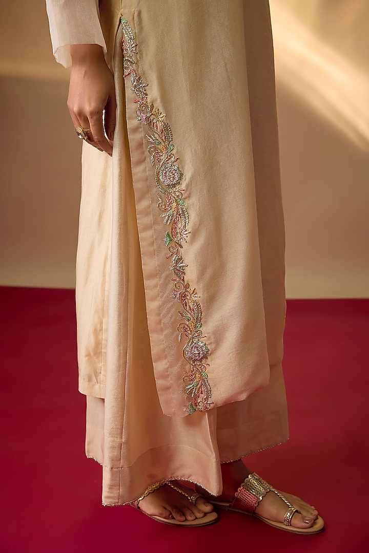 Beige Handwoven Chanderi Zardosi Embroidered Kurta Set by The Aarya at Pernia's Pop Up Shop