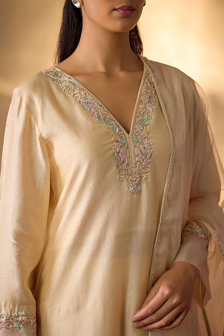 Beige Handwoven Chanderi Zardosi Embroidered Kurta Set by The Aarya at Pernia's Pop Up Shop