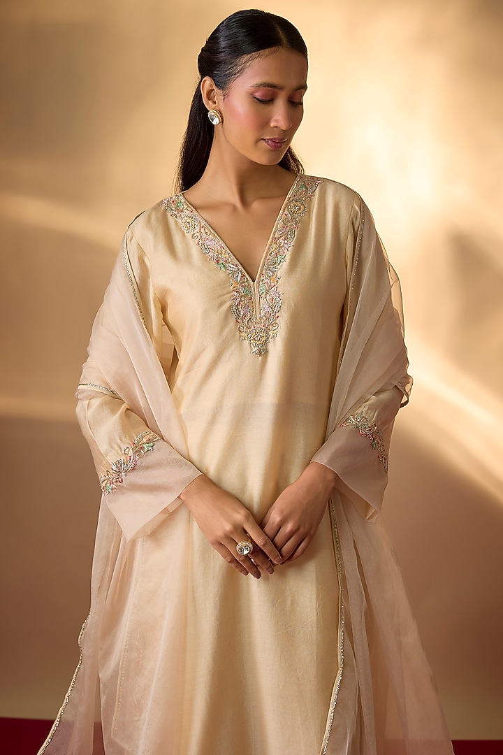 Beige Handwoven Chanderi Zardosi Embroidered Kurta Set by The Aarya at Pernia's Pop Up Shop