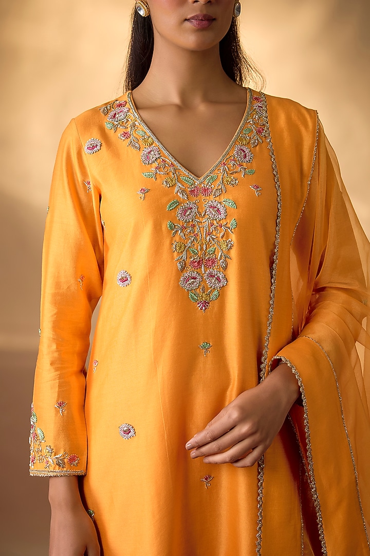 Mango Yellow Handwoven Chanderi Zardosi Embroidered Kurta Set by The Aarya at Pernia's Pop Up Shop
