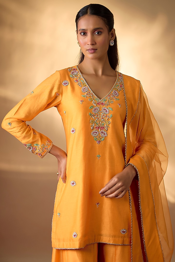 Mango Yellow Handwoven Chanderi Zardosi Embroidered Kurta Set by The Aarya at Pernia's Pop Up Shop