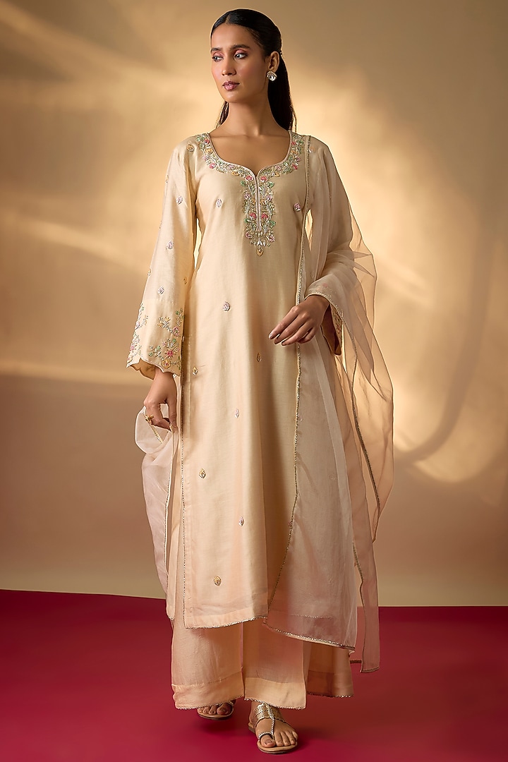 Beige Handwoven Chanderi Zardosi Embroidered Kurta Set by The Aarya at Pernia's Pop Up Shop