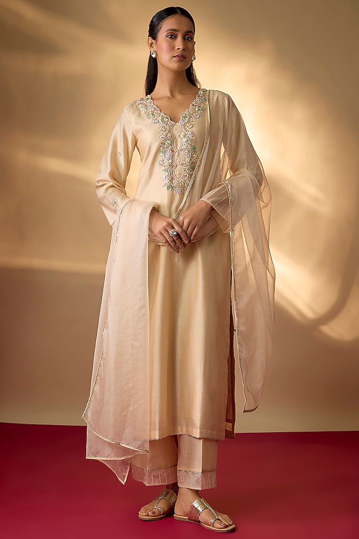 Beige Handwoven Chanderi Zardosi Embroidered Kurta Set by The Aarya at Pernia's Pop Up Shop