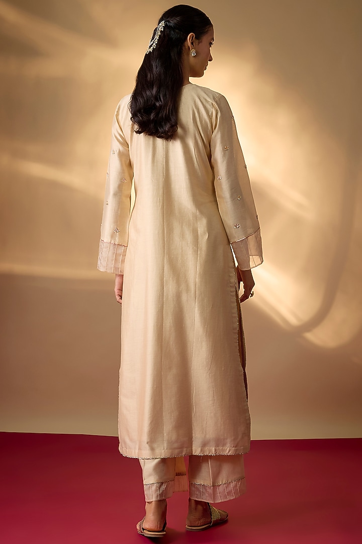 Beige Handwoven Chanderi Zardosi Embroidered Kurta Set by The Aarya at Pernia's Pop Up Shop