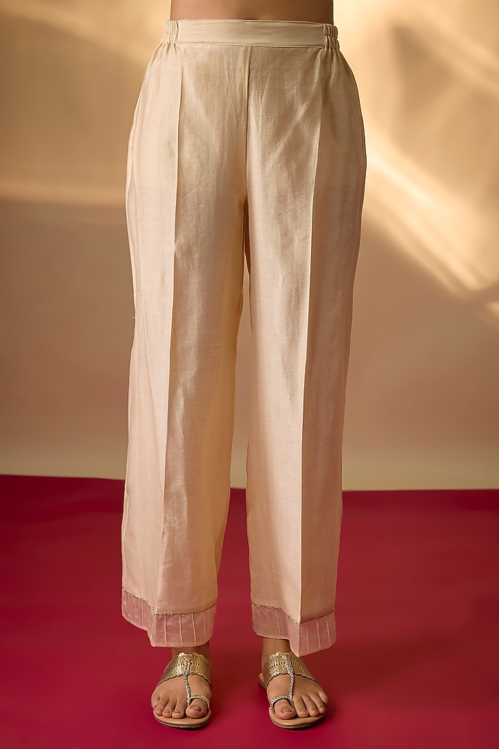 Beige Handwoven Chanderi Zardosi Embroidered Kurta Set by The Aarya at Pernia's Pop Up Shop