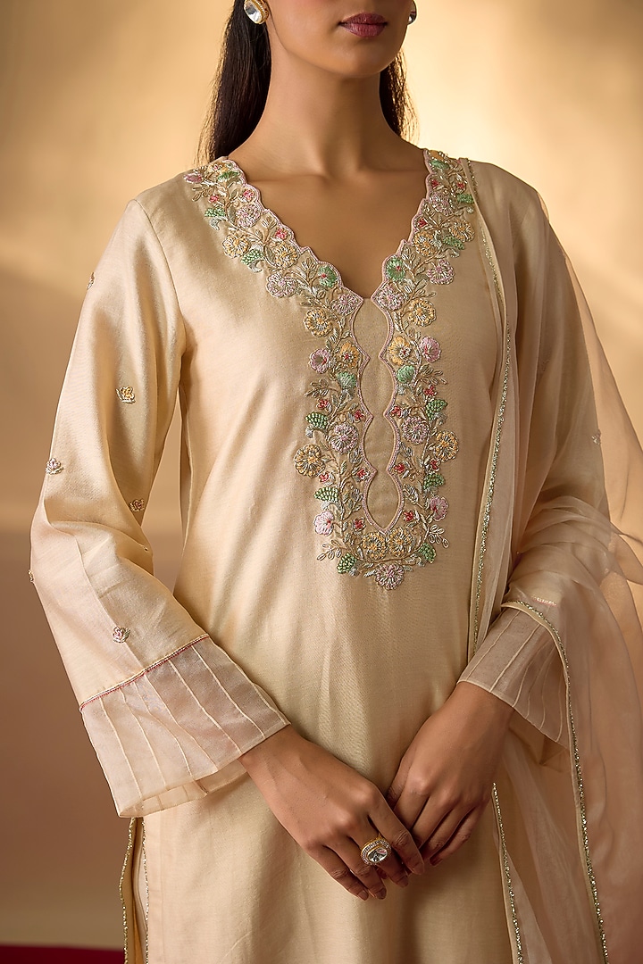 Beige Handwoven Chanderi Zardosi Embroidered Kurta Set by The Aarya at Pernia's Pop Up Shop