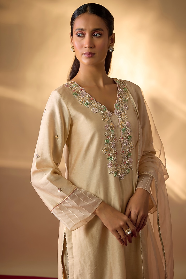 Beige Handwoven Chanderi Zardosi Embroidered Kurta Set by The Aarya at Pernia's Pop Up Shop