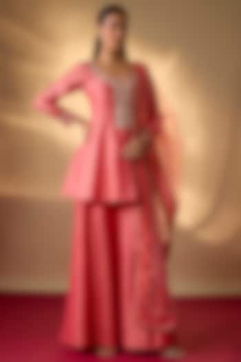 Coral Pink Handwoven Chanderi Zardosi Embroidered Kurta Set by The Aarya at Pernia's Pop Up Shop