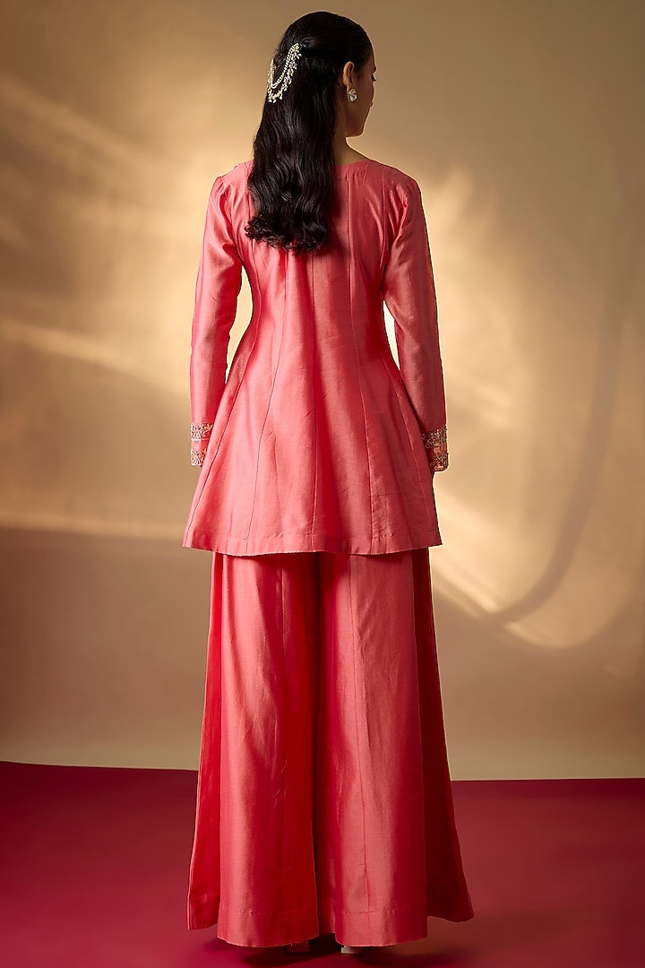 Coral Pink Handwoven Chanderi Zardosi Embroidered Kurta Set by The Aarya at Pernia's Pop Up Shop