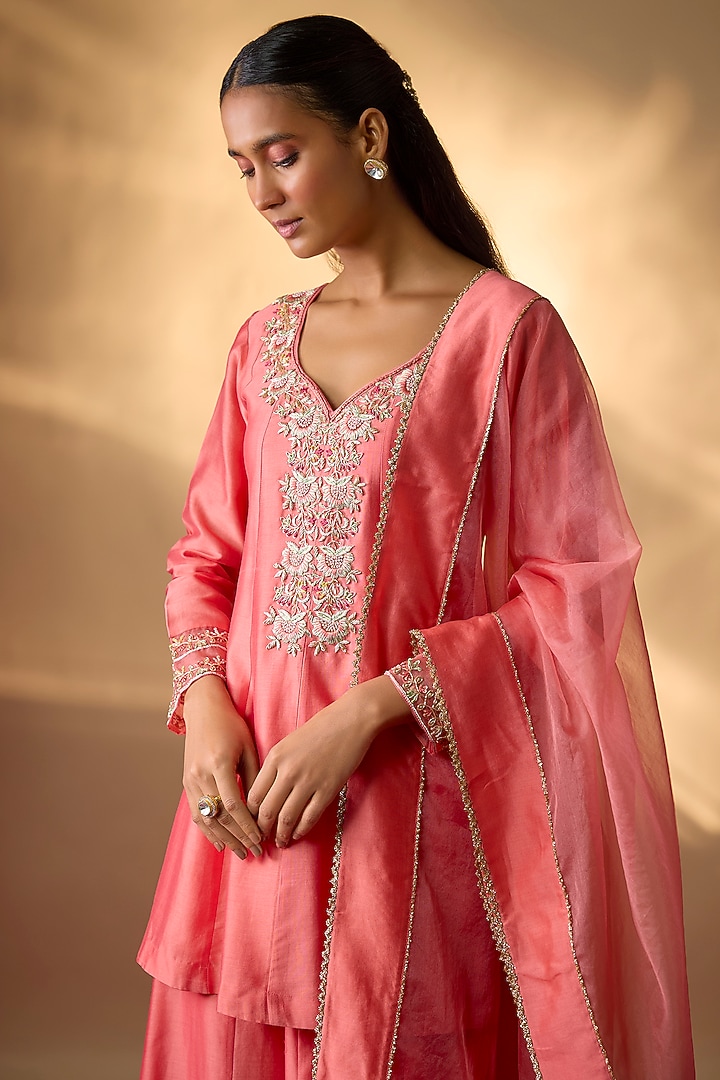 Coral Pink Handwoven Chanderi Zardosi Embroidered Kurta Set by The Aarya at Pernia's Pop Up Shop
