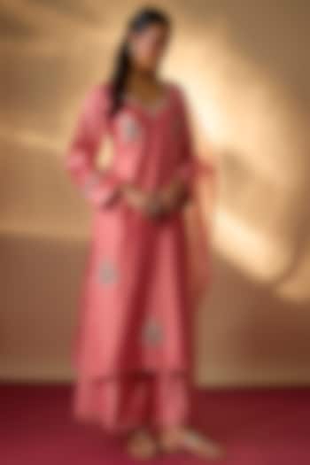 Coral Pink Handwoven Chanderi Zardosi Embroidered Kurta Set by The Aarya at Pernia's Pop Up Shop