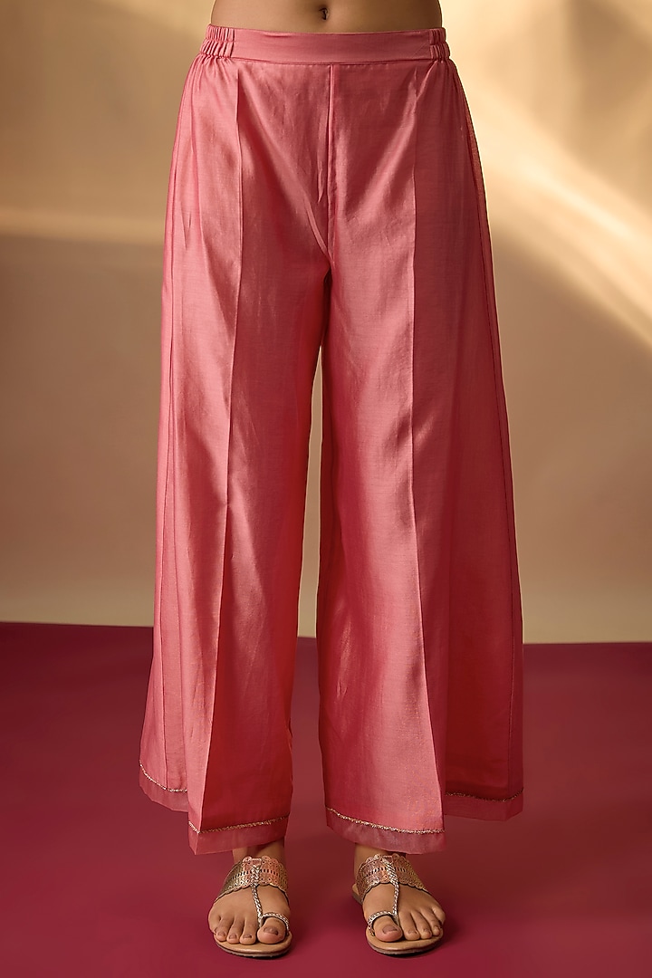Coral Pink Handwoven Chanderi Zardosi Embroidered Kurta Set by The Aarya at Pernia's Pop Up Shop