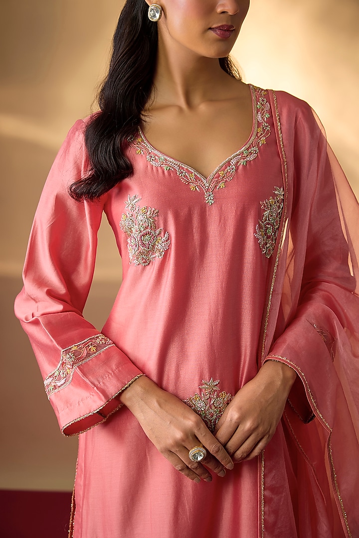 Coral Pink Handwoven Chanderi Zardosi Embroidered Kurta Set by The Aarya at Pernia's Pop Up Shop