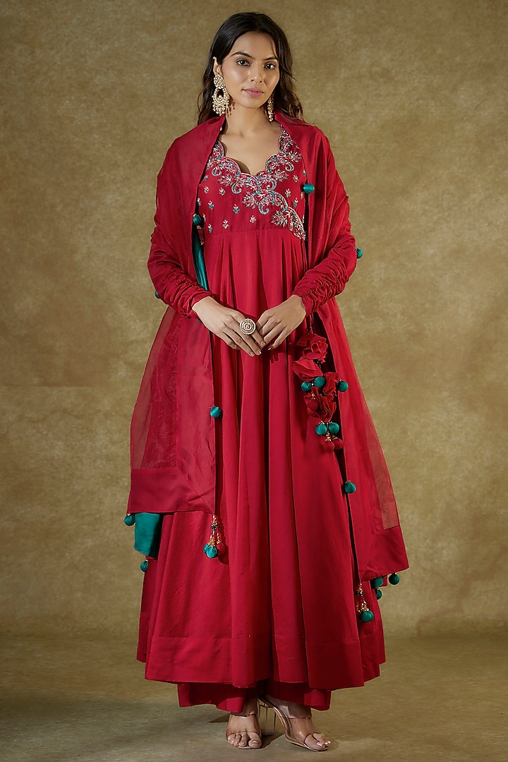 Red Handwoven Chanderi Sequins & Resham Embroidered Anarkali Set by The Aarya