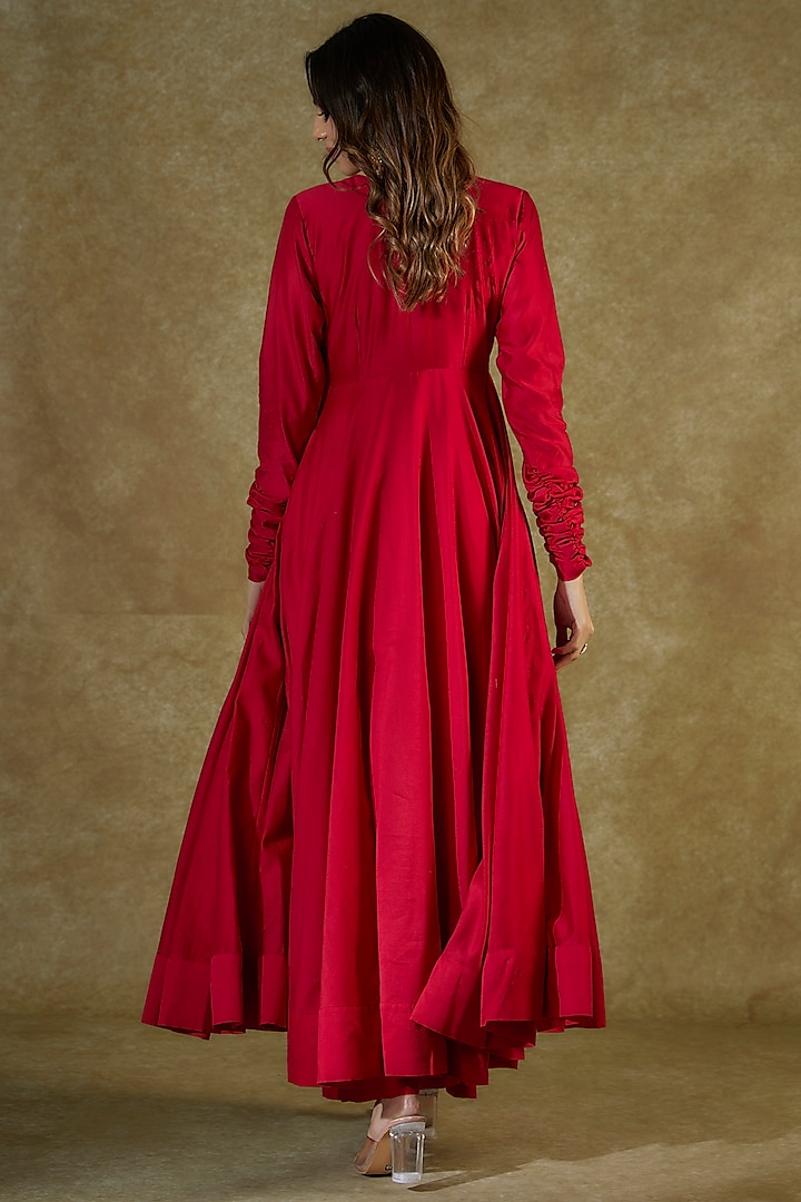 Red Handwoven Chanderi Sequins & Resham Embroidered Party Wear Anarkali Set by The Aarya at Pernia's Pop Up Shop