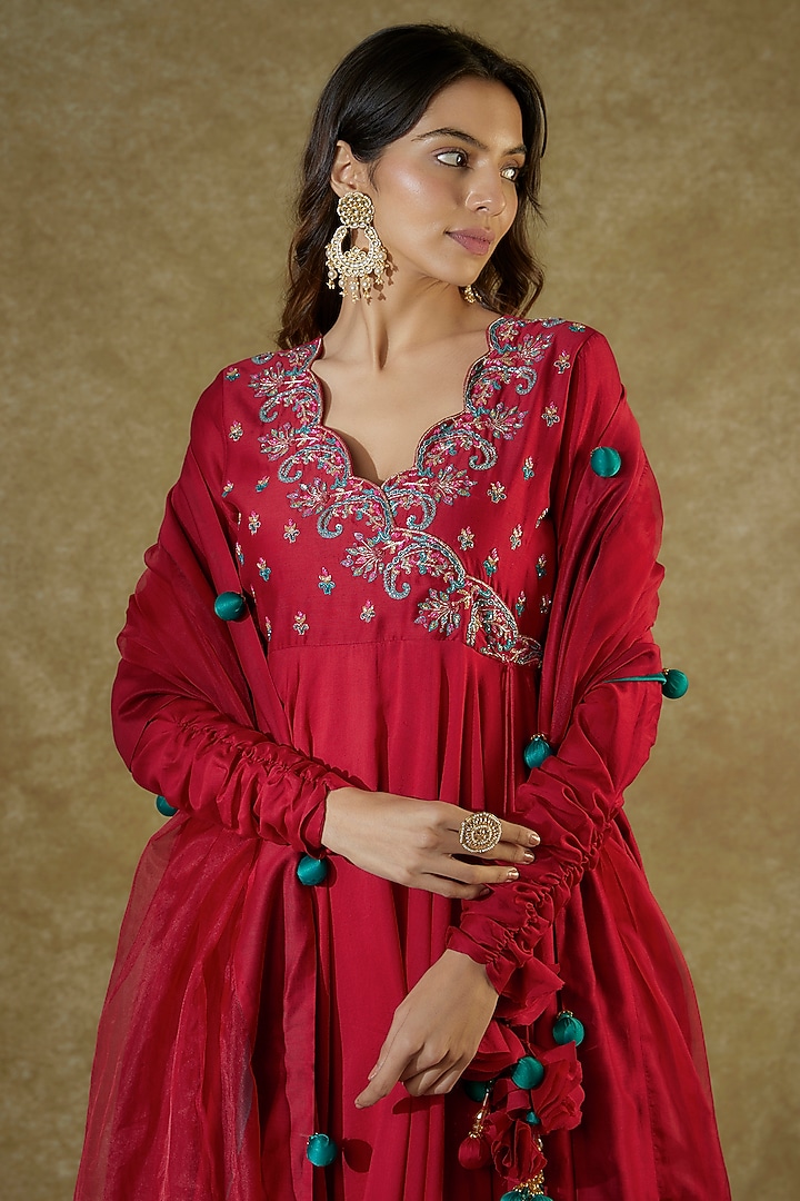 Red Handwoven Chanderi Sequins & Resham Embroidered Party Wear Anarkali Set by The Aarya at Pernia's Pop Up Shop
