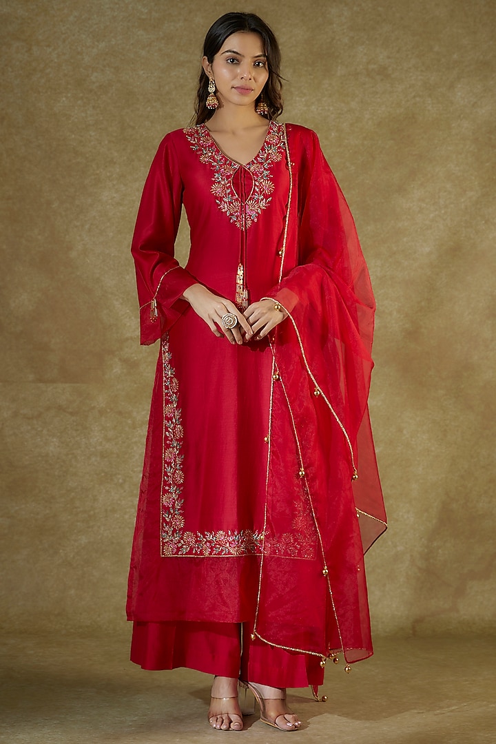 Red Handwoven Chanderi Zardosi & Motifs Embroidered Kurta Set by The Aarya