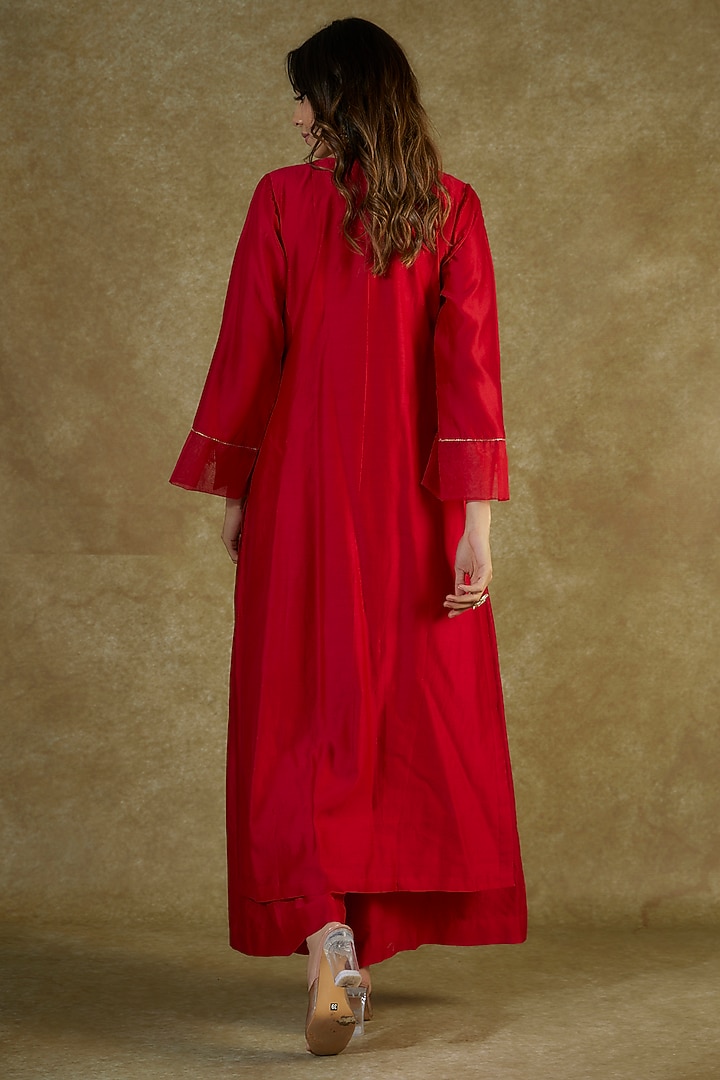 Red Handwoven Chanderi Zardosi & Motifs Embroidered Kurta Set by The Aarya at Pernia's Pop Up Shop