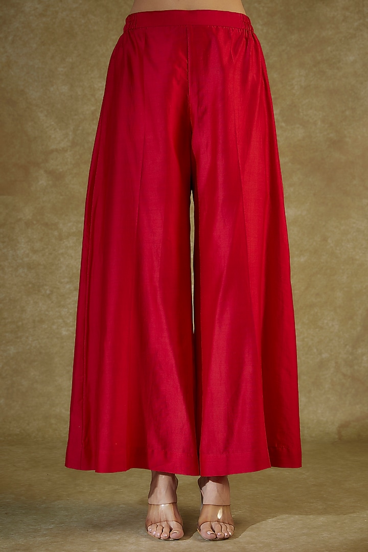 Red Handwoven Chanderi Zardosi & Motifs Embroidered Kurta Set by The Aarya at Pernia's Pop Up Shop