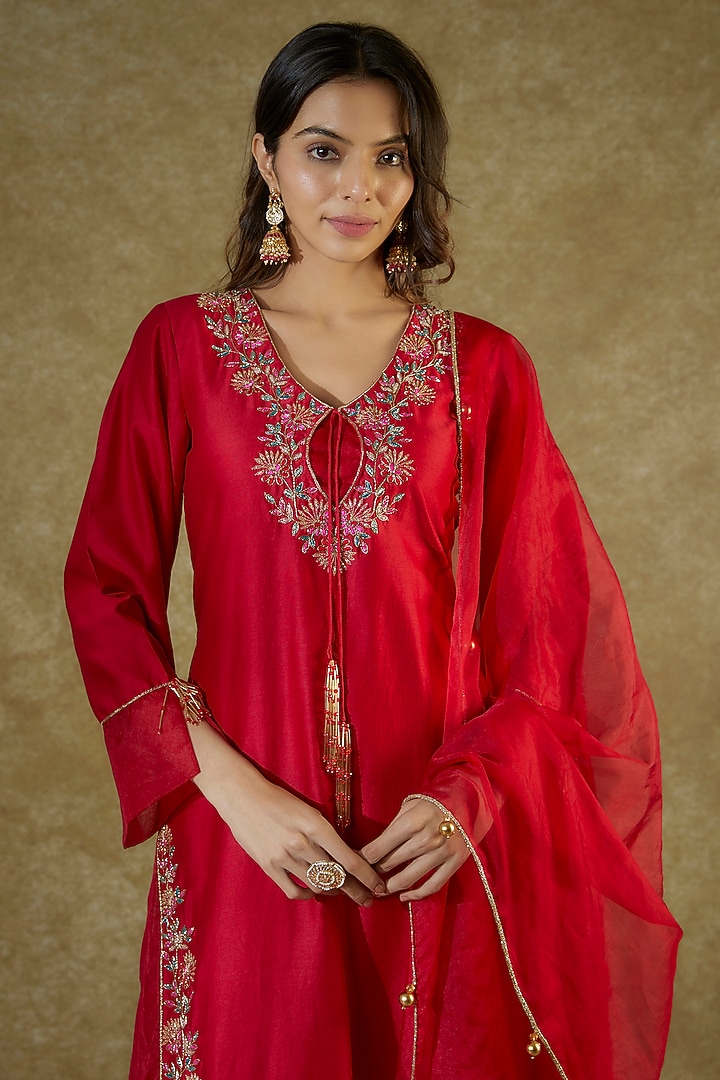 Red Handwoven Chanderi Zardosi & Motifs Embroidered Kurta Set by The Aarya at Pernia's Pop Up Shop