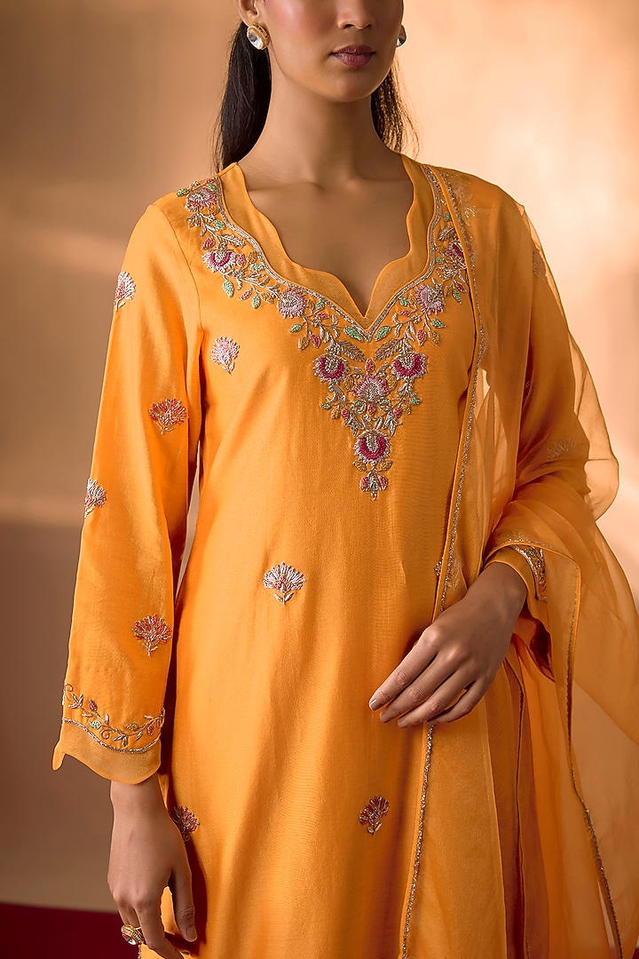 Mango Yellow Handwoven Chanderi Zardosi Embroidered Kurta Set by The Aarya at Pernia's Pop Up Shop