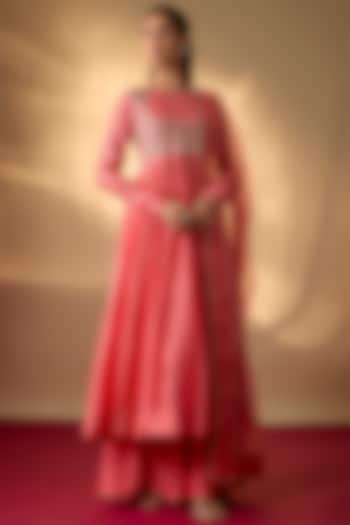 Coral Pink Handwoven Chanderi Embroidered Wedding Anarkali Set by The Aarya at Pernia's Pop Up Shop
