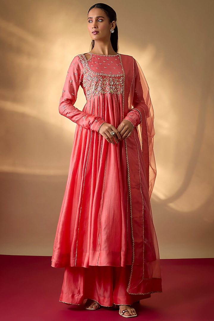 Coral Pink Handwoven Chanderi Embroidered Wedding Anarkali Set by The Aarya at Pernia's Pop Up Shop