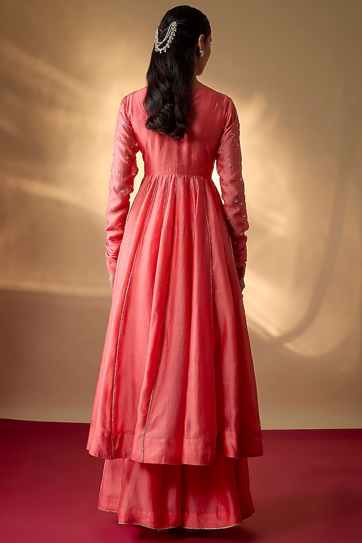 Coral Pink Handwoven Chanderi Embroidered Wedding Anarkali Set by The Aarya at Pernia's Pop Up Shop