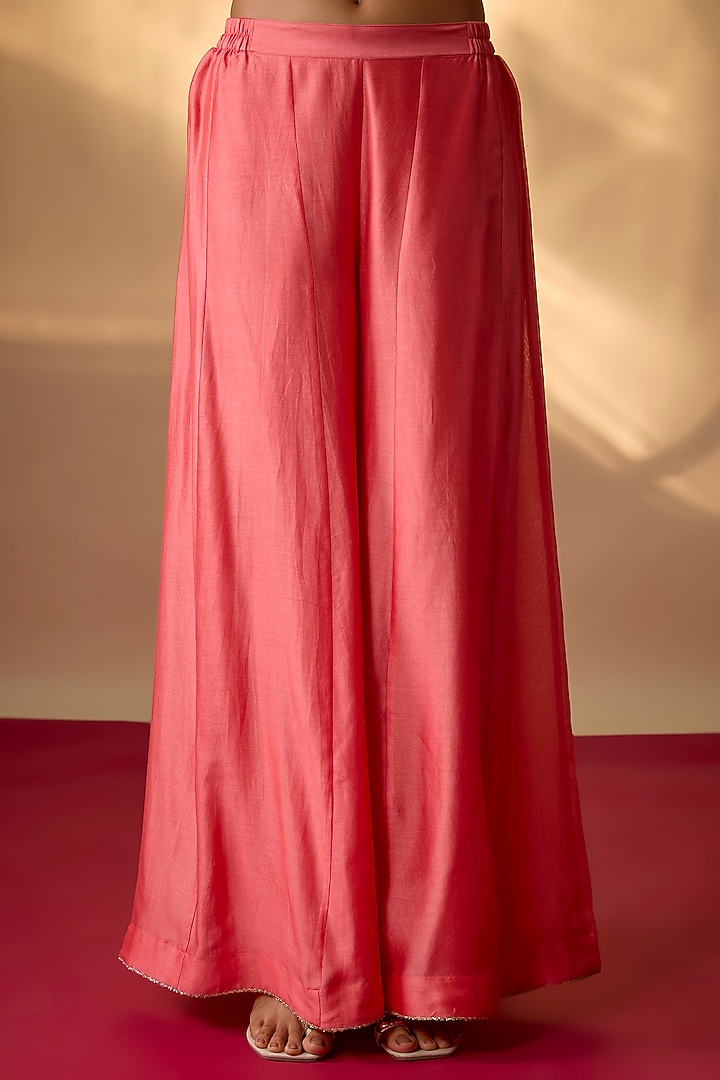 Coral Pink Handwoven Chanderi Embroidered Wedding Anarkali Set by The Aarya at Pernia's Pop Up Shop