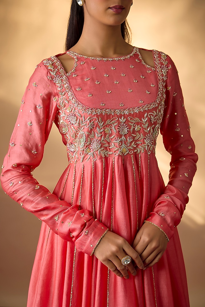 Coral Pink Handwoven Chanderi Embroidered Wedding Anarkali Set by The Aarya at Pernia's Pop Up Shop