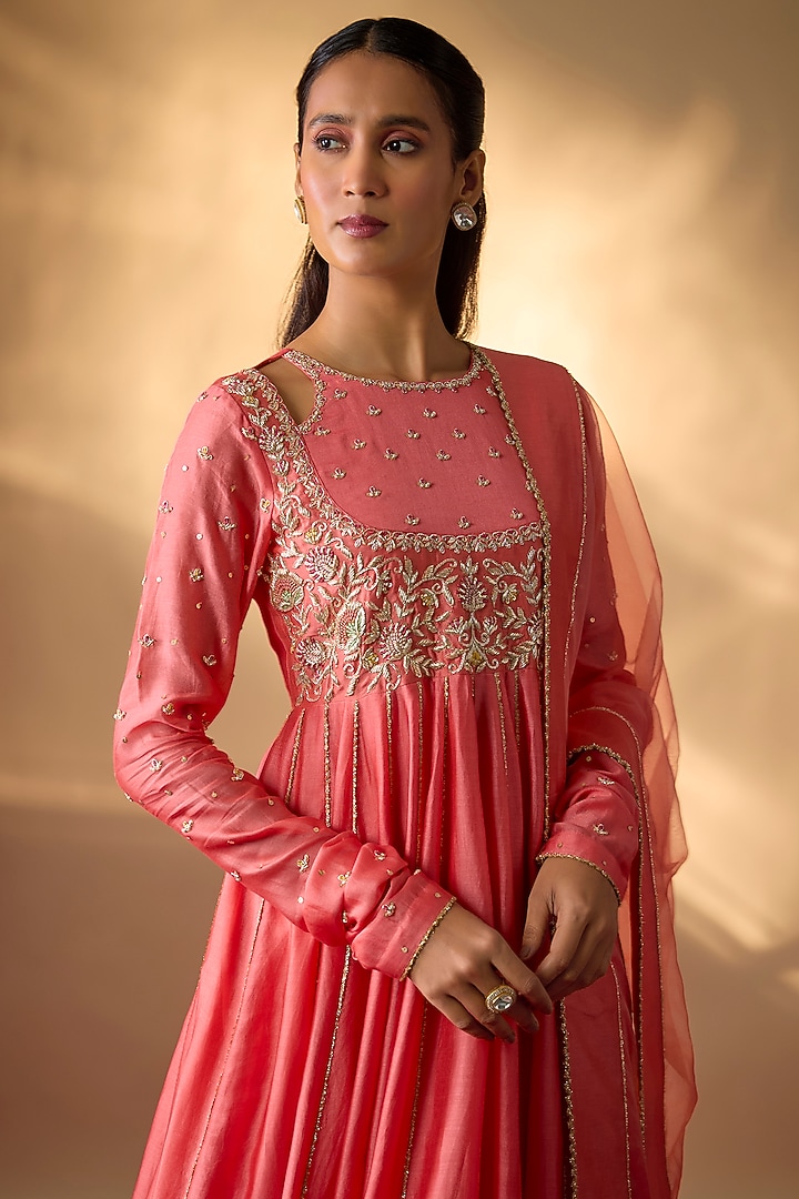 Coral Pink Handwoven Chanderi Embroidered Wedding Anarkali Set by The Aarya at Pernia's Pop Up Shop