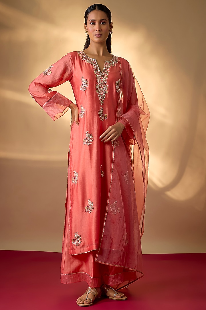 Coral Pink Handwoven Chanderi Zardosi Embroidered Kurta Set by The Aarya at Pernia's Pop Up Shop
