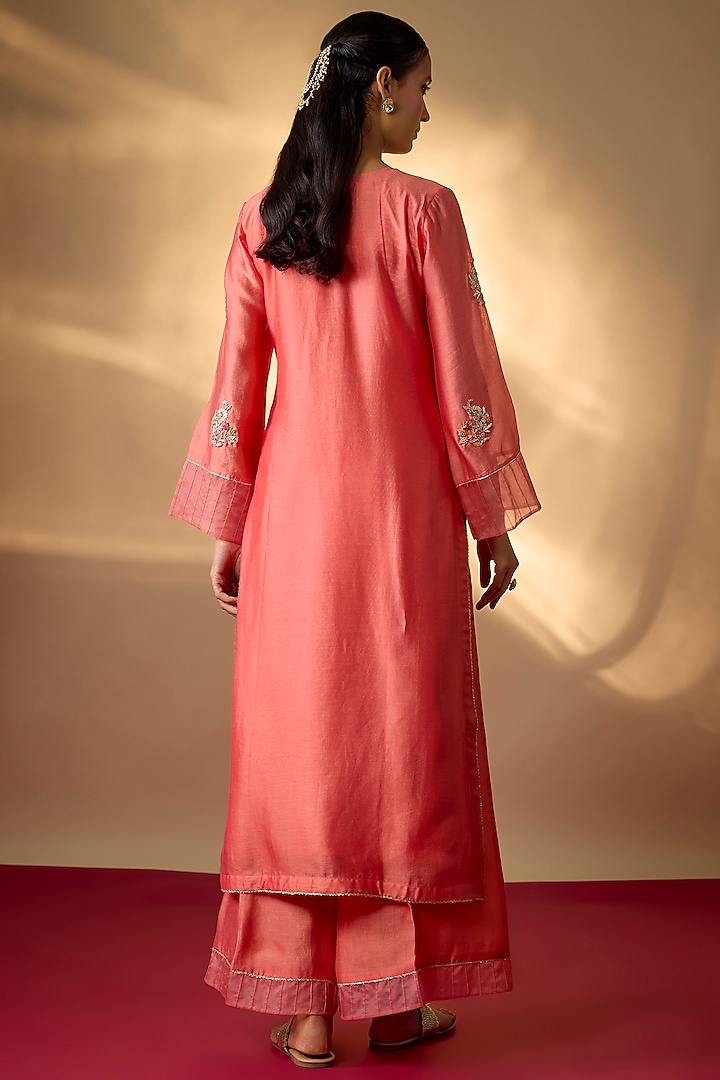 Coral Pink Handwoven Chanderi Zardosi Embroidered Kurta Set by The Aarya at Pernia's Pop Up Shop
