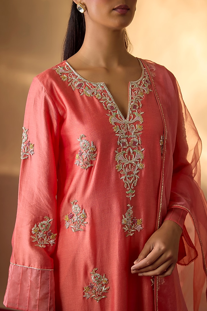 Coral Pink Handwoven Chanderi Zardosi Embroidered Kurta Set by The Aarya at Pernia's Pop Up Shop