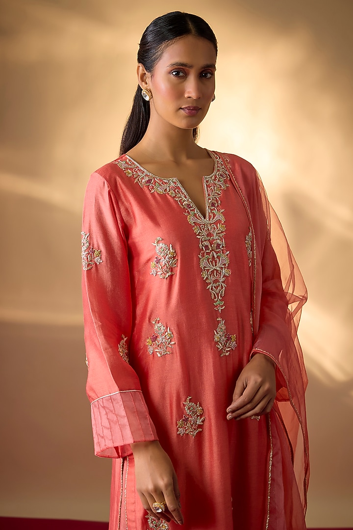 Coral Pink Handwoven Chanderi Zardosi Embroidered Kurta Set by The Aarya at Pernia's Pop Up Shop
