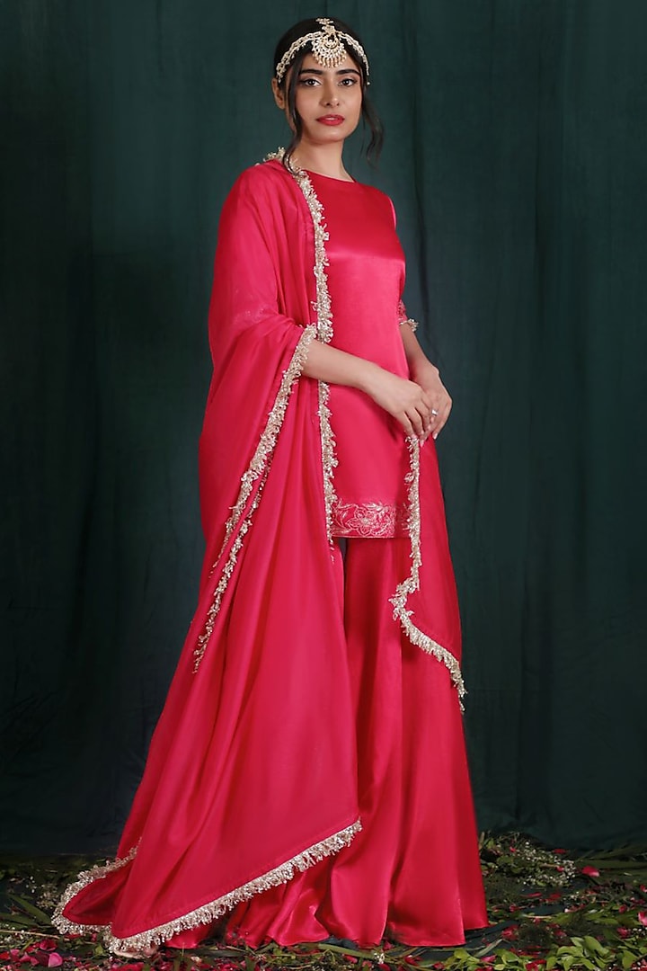 Blush Red Mashru Silk Gharara Set by The Aarya