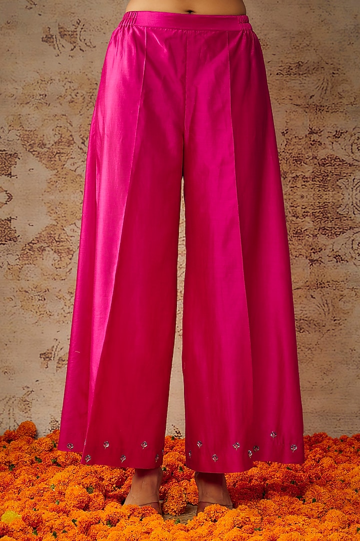 Pink Handwoven Chanderi Glass Bead Embroidered Kurta Set by The Aarya at Pernia's Pop Up Shop