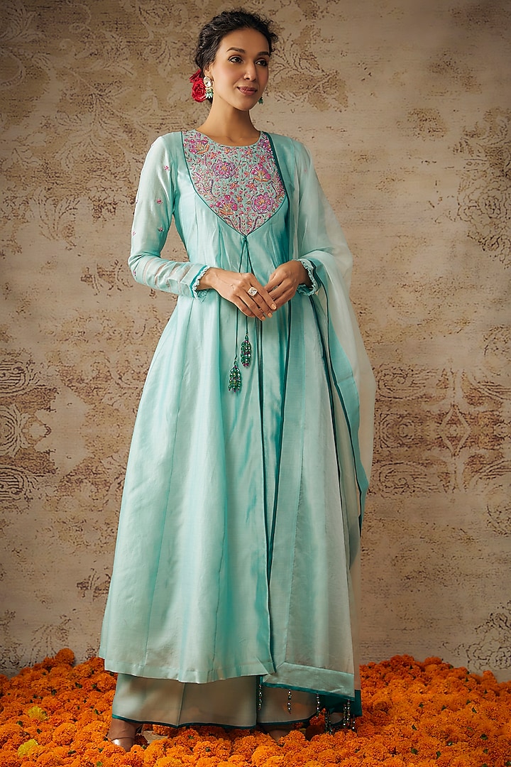 Blue Handwoven Chanderi Hand Embroidered Anarkali Set by The Aarya