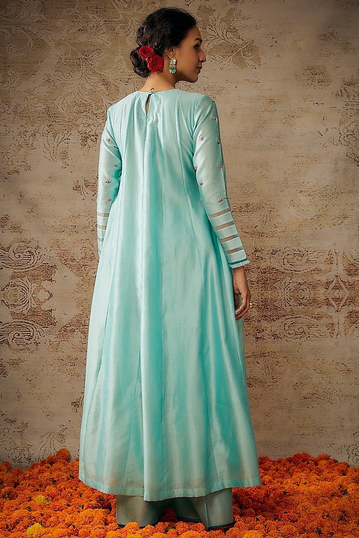 Blue Handwoven Chanderi Hand Embroidered Party Wear Anarkali Set by The Aarya at Pernia's Pop Up Shop