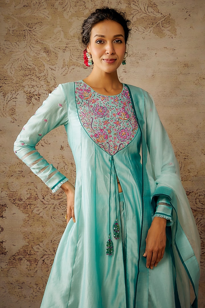 Blue Handwoven Chanderi Hand Embroidered Party Wear Anarkali Set by The Aarya at Pernia's Pop Up Shop