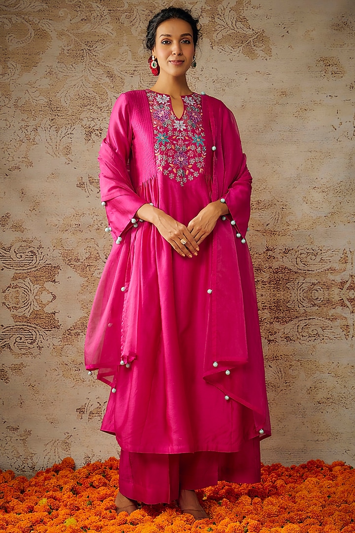 Pink Handwoven Chanderi Hand Embroidered Kurta Set by The Aarya