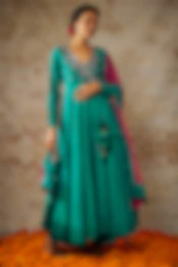 Peacock Green Handwoven Chanderi Hand Embroidered Anarkali Set by The Aarya