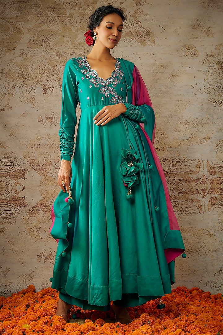 Peacock Green Handwoven Chanderi Hand Embroidered Anarkali Set by The Aarya
