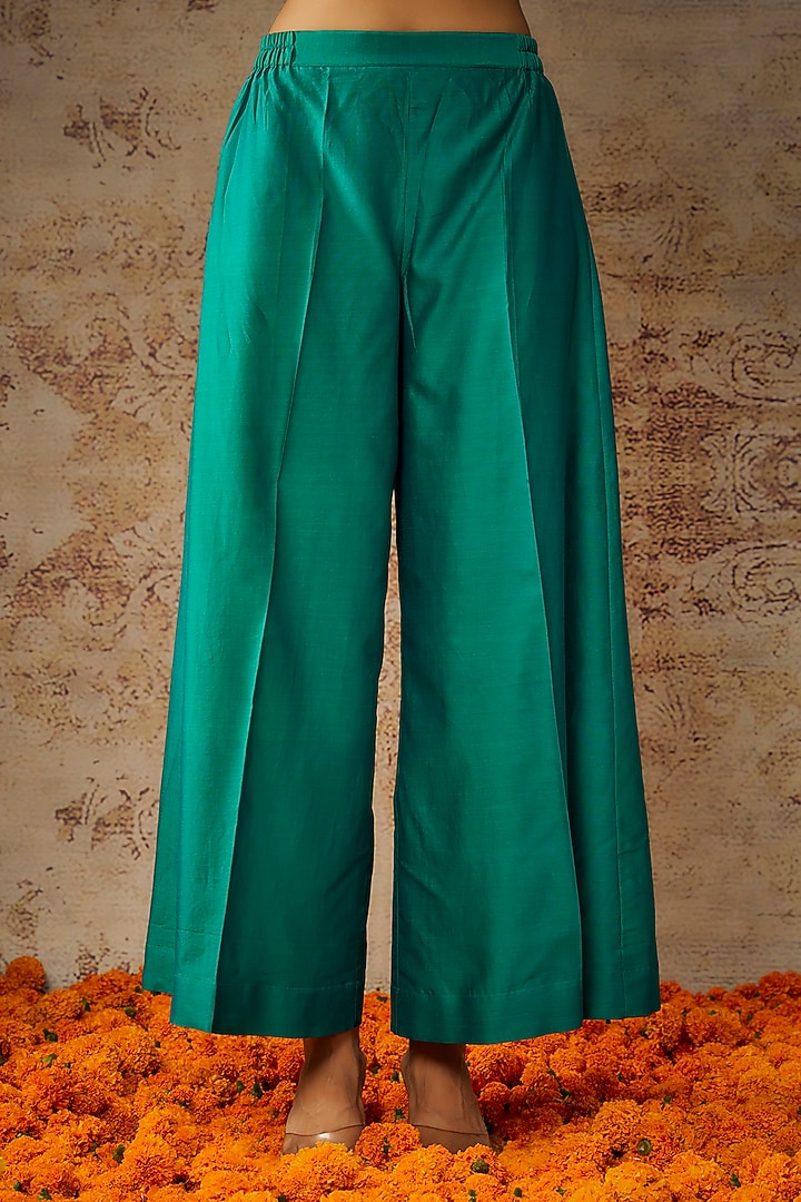 Peacock Green Handwoven Chanderi Hand Embroidered Party Wear Anarkali Set by The Aarya at Pernia's Pop Up Shop