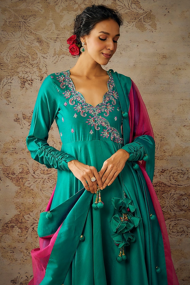 Peacock Green Handwoven Chanderi Hand Embroidered Party Wear Anarkali Set by The Aarya at Pernia's Pop Up Shop