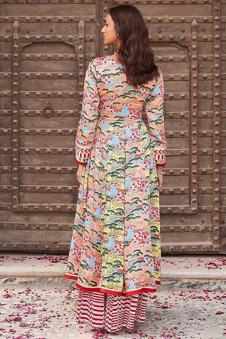PINK & GREEN BLOCK PRINTED ANARKALI WITH GOTA THREAD WORK main image 1