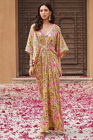 Yellow Modal Satin Handblock Printed & Embroidered Kaftan Dress by Tasha India